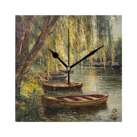 Willows River Boats Oil Painting Wall Clock Battery Operated Square Black Pointer Home Decor for Living Room Bedroom 7.78 x 7.78