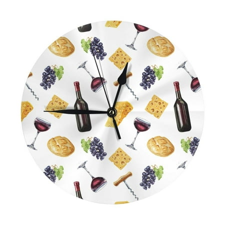 Wine Cheese grape Print Wall Clock Silent Non Ticking - 10 Inch Battery Operated Modern Clocks for Living Room Bedroom Kitchen Bathroom Office Classroom, Decorative Clocks