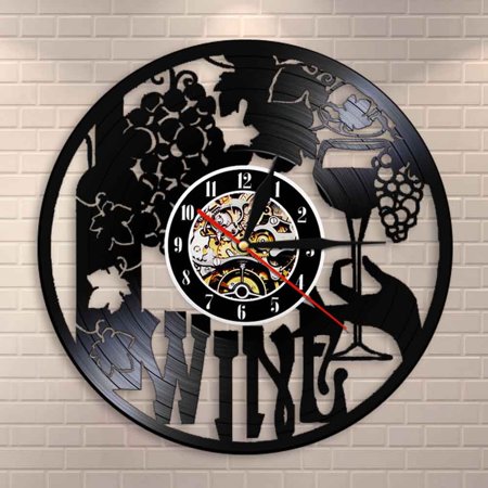 Wine Logo Wall Clock Winery Bottle Glass Grape Vine Drink Drinking Alcohol Liquor Pub Bar Label Emblem Vinyl Record Wall Clock