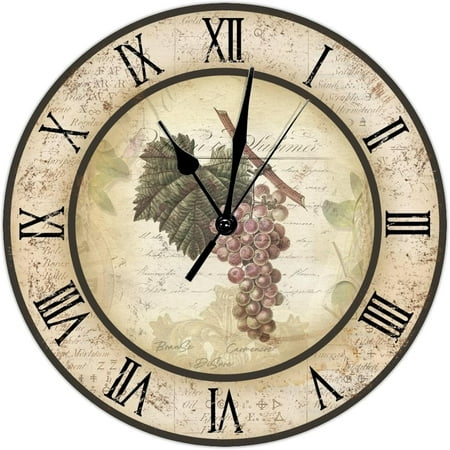 Wines Grape Clock French Country Kitchen Clocks Wine Tasting 12 Inch Wall Clocks Battery Operated Non-Ticking Roman Numerals Retro Wall Decor Home Decor For Bedroom Living Room Office