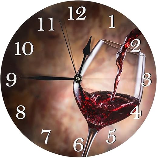 Wine Themed Wall Clock Battery Operated Silent Round Clock Wall Decor for Home Office School, 9.8 Inch