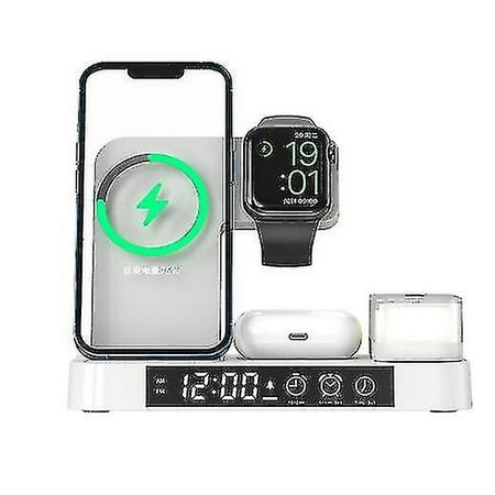 Wireless Charger 5 In 1, Wireless Charging Station Alarm Clock Night Light For Telephone/airpods/iwatch