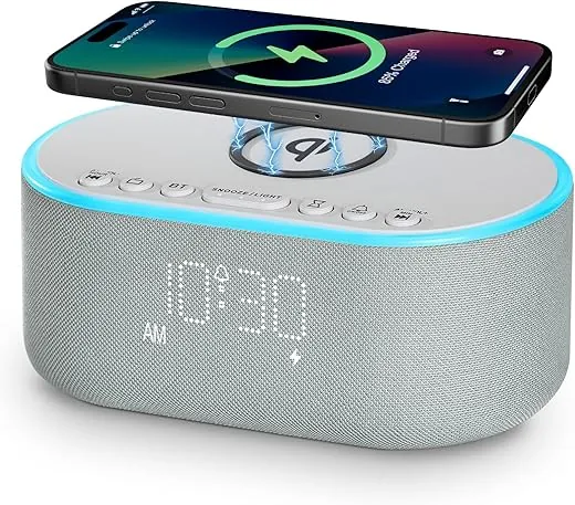 Wireless Charging Alarm Clock Radio: Qi Certified Fast Wireless Charger for iPhone Samsung - 10W Stereo Bluetooth Speaker - Dimmable Digital Clock with FM Radio for Bedroom Cloud Blue