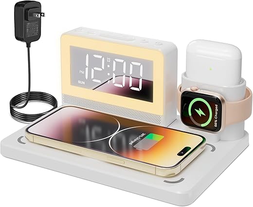 Wireless Charging Station,5 in 1 Wireless Charging Dock with Alarm Clock and 7 Color Night Light,Fast Charger for iPhone15/14/13/12/11/X Series for Apple Watch for Airpods (White)