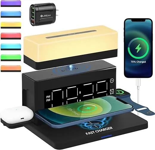 Wireless Charging Station Alarm Clock with Quick Charger, 6 in 1 Wireless Charger 7 Multiple Colors Light, Charging Dock for Apple, for iPhone 15 14 13 12 11 Pro Max,Apple Watch,AirPods, 0-100% Dimmer