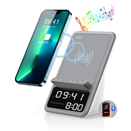 Wireless Charging Station with Alarm Clock, 4 in1 Wireless Charger with Bluetooth Speaker suitable for iPhone15 14 13 12 11 Pro Max,Samsung and Other Android Phones,Grey