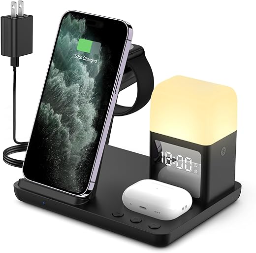 Wireless Charging Station with Alarm Clock and Night Light,6 in 1 Wireless Charger,Wireless Charging Stand Compatible with iPhone 15/14/13/12/11 Series,AirPods Pro/3/2,iWatch Ultra/9/8/7/6/5/4/3/2/SE