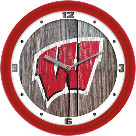 Wisconsin Badgers 11.5'' Suntime Premium Glass Face Weathered Wood Wall Clock