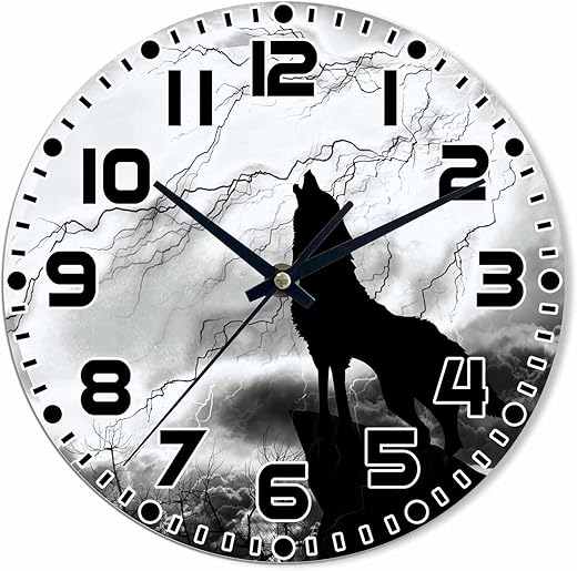 Wolf Wall Clock 10 inch Round Thunderstorm Lightning Silent Non Ticking Wood Wall Clocks Battery Operated Easy to Read Decorative Wall Clock for Bedroom Kitchen Living Room Bathroom