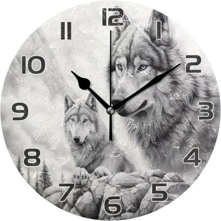 Wolf Wildlife Mountain Wall Clock Round Vintage Silent Non Ticking Battery Operated Accurate Arabic Numerals Design for Home Kitchen Living Room Bedroom 10 Inch Home Decor