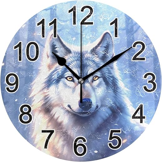 Wolf Winter Forest Wall Clock Non Ticking Silent Kitchen Clock Large Battery Operated Clocks 10 inch for Living Room Bedroom Decor