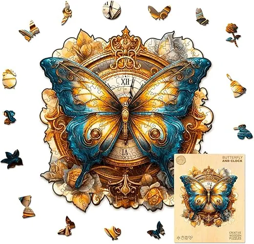 WOODBESTS Wooden Puzzle for Adults, Butterfly and Clock Puzzle (L, 270pcs, 13.4x12.5) Wood Puzzles Adult, Wooden Jigsaw Puzzles Unique Shape, Birthday Gifts for Adults and Kids Family Game