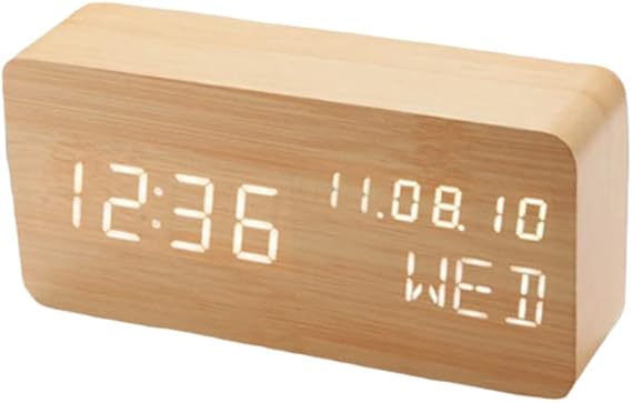 Wood Digital Alarm Clock Desk Time, Date(MM/DD/YY), Day of The Week, Temperature, Nightlight Large LED Display Portable Lamp Bedroom, Office, School, Home, Livingroom, Room (Bamboo)