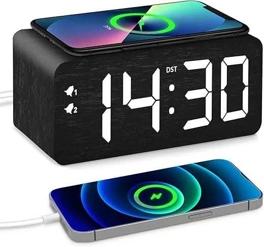 Wood Digital Alarm Clock with 10W Fast Wireless Charger, USB Charging Ports, DST, Dimmable, Snooze, Large Number LED Display for Bedrooms, Desk, Living Room Table, Bedside, Nightstand (Black)