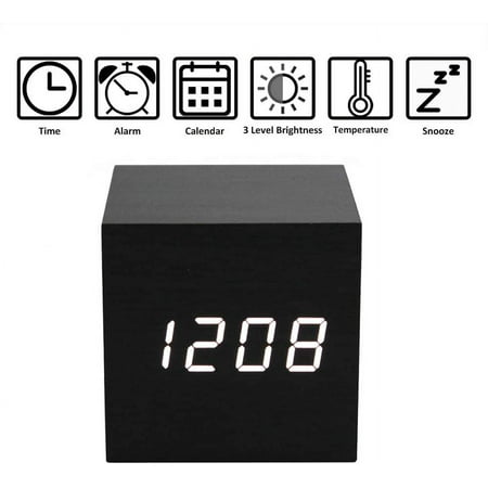 Wooden Alarm Clock - Mini Cube Led Digital Clock With Time/Date/Temperature Display[2255]