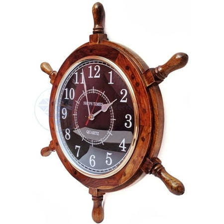 Wooden Clock Ship Wheel - (24 Inches, Black Numeric Dial) - SHIPS TIMES QUARTZ