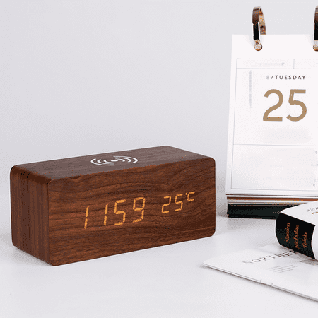 Wooden Digital Alarm Clock FM Radio,10W Fast Wireless Charger Station for iPhone/Samsung Galaxy,5 Level Dimmer,USB Charging Port,2 Wake up Sounds,Bedrooms Sleep Timer,Wood LED Clock for Bedside