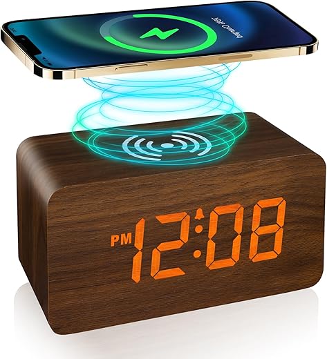 Wooden Digital Alarm Clocks with wireless charging for Bedrooms LED Display for Desks, Adjustable Brightness, Voice Control, and a Triple Digital Clock with Adjustable Brightness and Voice Control