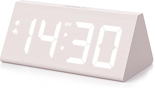 Wooden Digital Alarm Clock with Dual USB Charging Ports, DST, Dimmable, Snooze, Modern Large Time Display LED Clock for Kids Bedrooms, Living Room, Desk,Table, Bedside,Nightstand (White