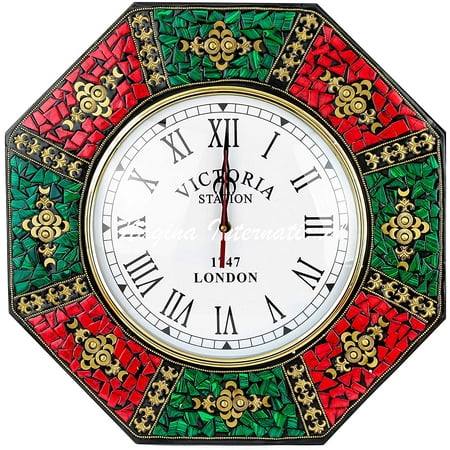 Wooden MDF Wall Clock (Octagonal - 8 Sides) - Red & Green (White Roman Dial)