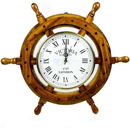 Wooden Ship Wheel Clock (White Roman Victoria Dial) - (12 Inches)