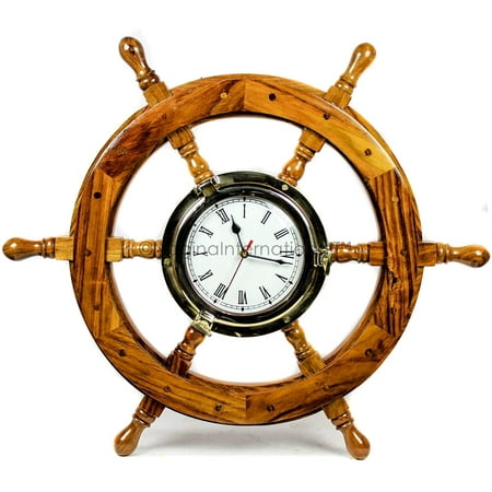 Wooden Ship Wheel (Embedded Porthole Clock Mounted) - (White Roman Dial) - 36 Inches