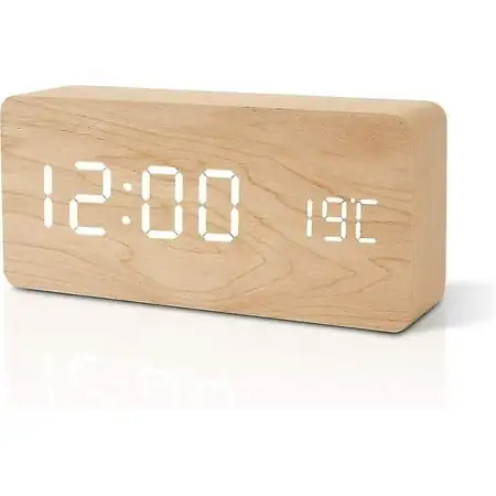 Wooden Table Clock - Led Digital Alarm Clock - Standing Clock With Date, Temperature And Usb Port - Battery Operated - Bamboo - White