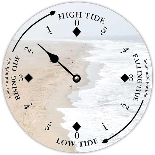 Wooden Tide Clock White Waves and Beach East Coast Ocean Time Clock Wood Tidal Clock with High and Low Tide Vintage Wall Hanging Tide Movement Clock for Beach House Wall Decoration