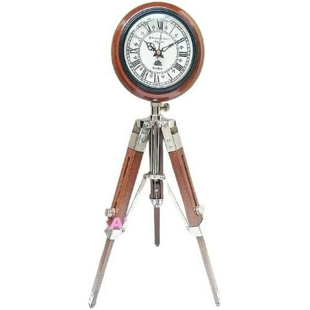 Wooden Tripod Stand with Brass Clock, Adjustable Tripod Stand