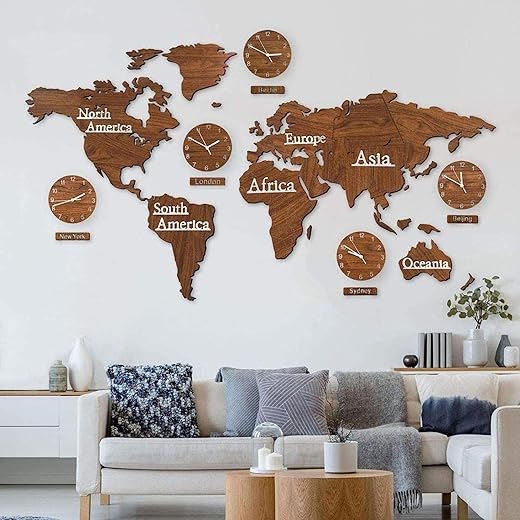 Wooden World Map Wall Decoration for Living Room, Creative Wall Clock World Map Creative DIY, 3D Silent Wall Clocks Maps Wall Stciker, Mute Hanging Clock Home Decor