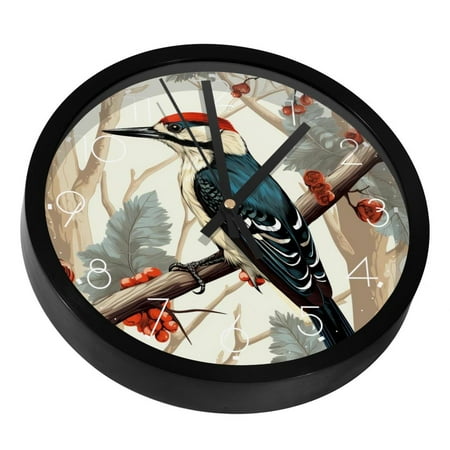 Woodpecker Bird on Red Berries Branch Silent Wall Clock, Non Ticking Battery Operated 9.8 Inch Wall Clocks for Bedroom Kitchen Home Office School Art Decor