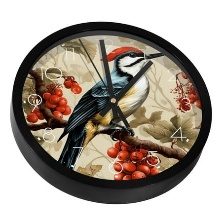 Woodpecker Bird on Red Berries Branch Silent Wall Clock, Non Ticking Battery Operated 9.8 Inch Wall Clocks for Bedroom Kitchen Home Office School Art Decor