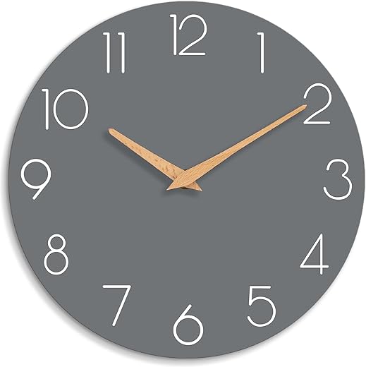 Wood Wall Clock, 14 Wooden Silent Non-Ticking, Decorative Battery Operated Wall Clocks for Bedroom, Kitchen, Home, Living Room, Office, School, Hotel (Gray)