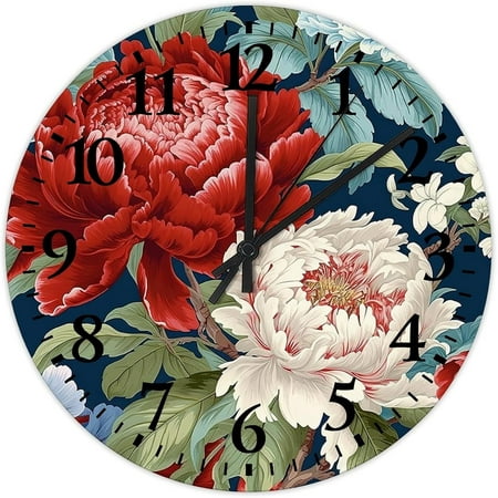 Wood Wall Clock Battery Operated Non Ticking Analog Chinoiserie Red Peony Floral Decorative Wall Clocks Watercolor Rose Japanese Wooden Wall Decor For Restroom Bathroom Indoor 10 Inch