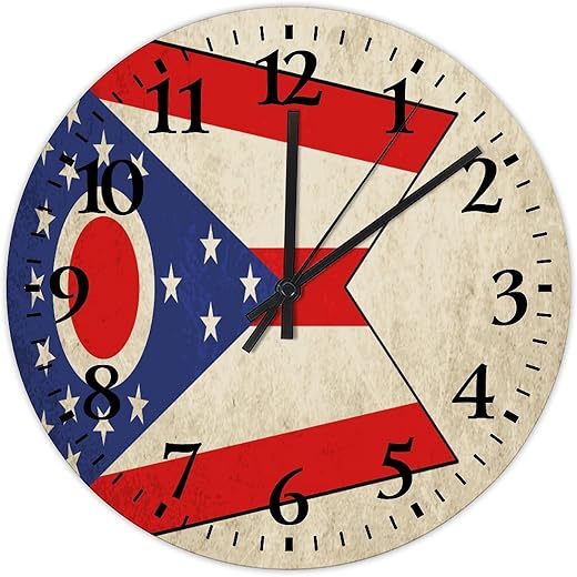 Wood Wall Clocks Silent Non-Ticking Large Numbers Battery Operated Ohio States Flag Beautiful Wall Clocks Patriotic USA Map Sports Fans Home Decoration for Family Room Home Conference Room 10 Inch