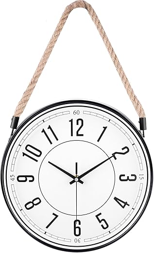 WOOPHEN Rope Hanging Wall Clock, Silent Non-Tick 12 Inch Premium Quartz Battery Powered Easy to Read Lanyard Wall Clocks Home/Kitchen/Living Room/School/Office Clock Sweep