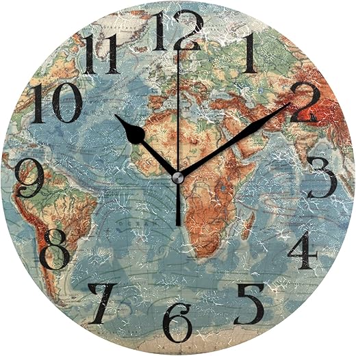 World Map Clock Map Wall Clock Battery Operated World Clock Silent Non-Ticking Decorative Round Clocks 9.5 in Quartz Analog Desk Clock Living Room Bathroom Decor