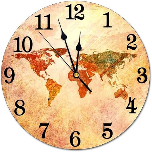 World Map Wall Clock Battery Operated Silent Round Clock Retro Wall Decor for Home, Office, School 9.8 Inch