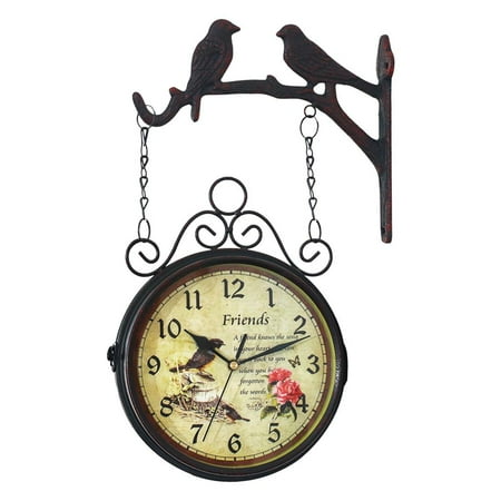 Wrought Iron -Look Round Double Sided Two Faces Clock 8inch Wall Hanging Clock with Bird Stand Side Mount Home Decor Wall Clock