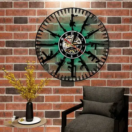 WUZSTAR 12 Inch 7-Color Record Clock Vinyl Army Gun Wall Clock Nostalgic Art Clock