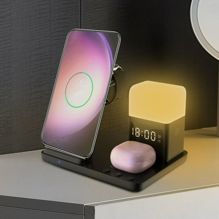 Wuztai Digital Alarm Clock, Wireless Charger 6 In 1 Night Light Alarm Clock, 15W Stand Wireless Charging Station For Mobile Phone Headset Wireless Charging