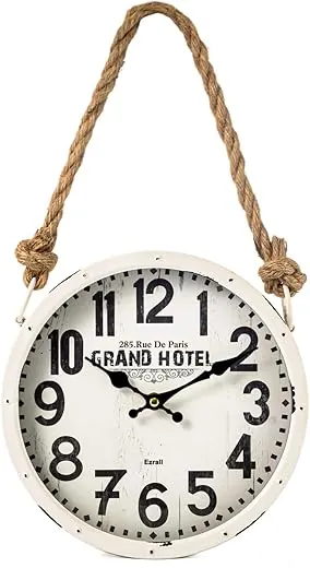 10 Inch Metal Retro Lanyard Silent Wall Clock Battery Operated Hand Made Farmhouse Clock Rustic Chic Shabby Clock with Rope Hanging Decorative for Living Room/Kitchen/Bedroom/Bathroom White