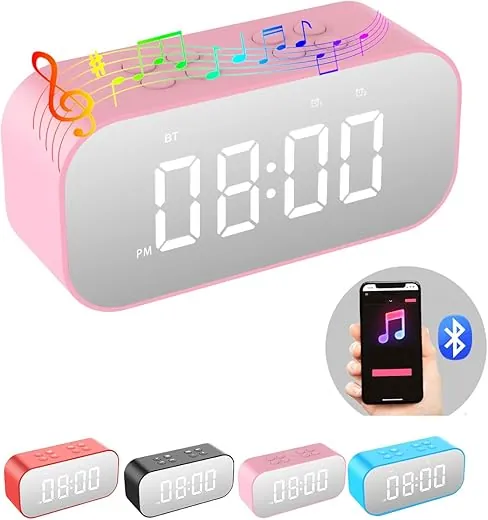 AFK Alarm Clock for Bedrooms,Small Digital Clock with Bluetooth Speaker,Desk Clock with Dual Alarms,Snooze,Mirror LED Display for Girls,Adults.