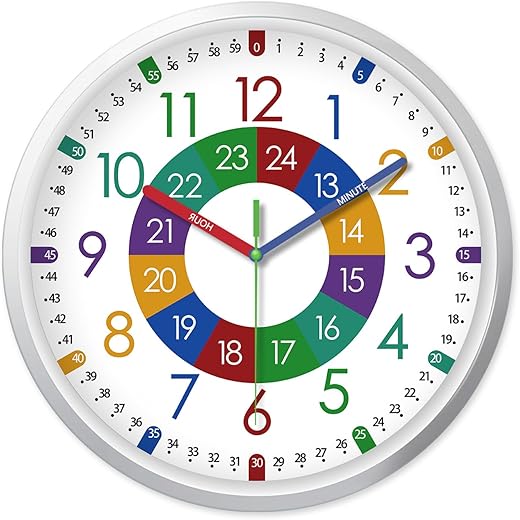 XFM Learning Clock Battery Operated - Plastic Small Wall Clock 8 Inch Silent - Colorful Clock for Bedroom - Telling Time Teaching Clock for Kids - Analog Clock for Kids Learning