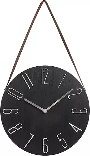 Geevon 12 Inch Silent Wall Clock Non Ticking,Hanging Wall Clocks Battery Operated with Leather Strap Modern Style for Home, Office, Kitchen, Bedroom, Living Room, School Decorative (Black)