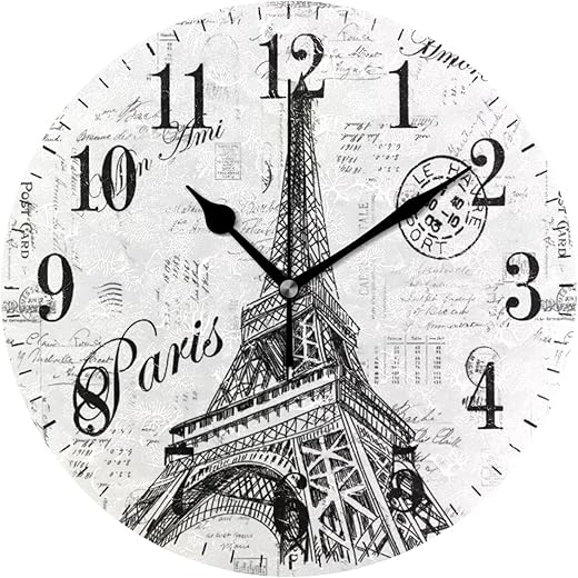 xigua Paris Eiffel Tower Wall Clock, Silent Non Ticking 10 Inch Battery Operated Wall Clocks, Easy to Read Clock for Home Kitchen Living Room Bathroom Office Decor