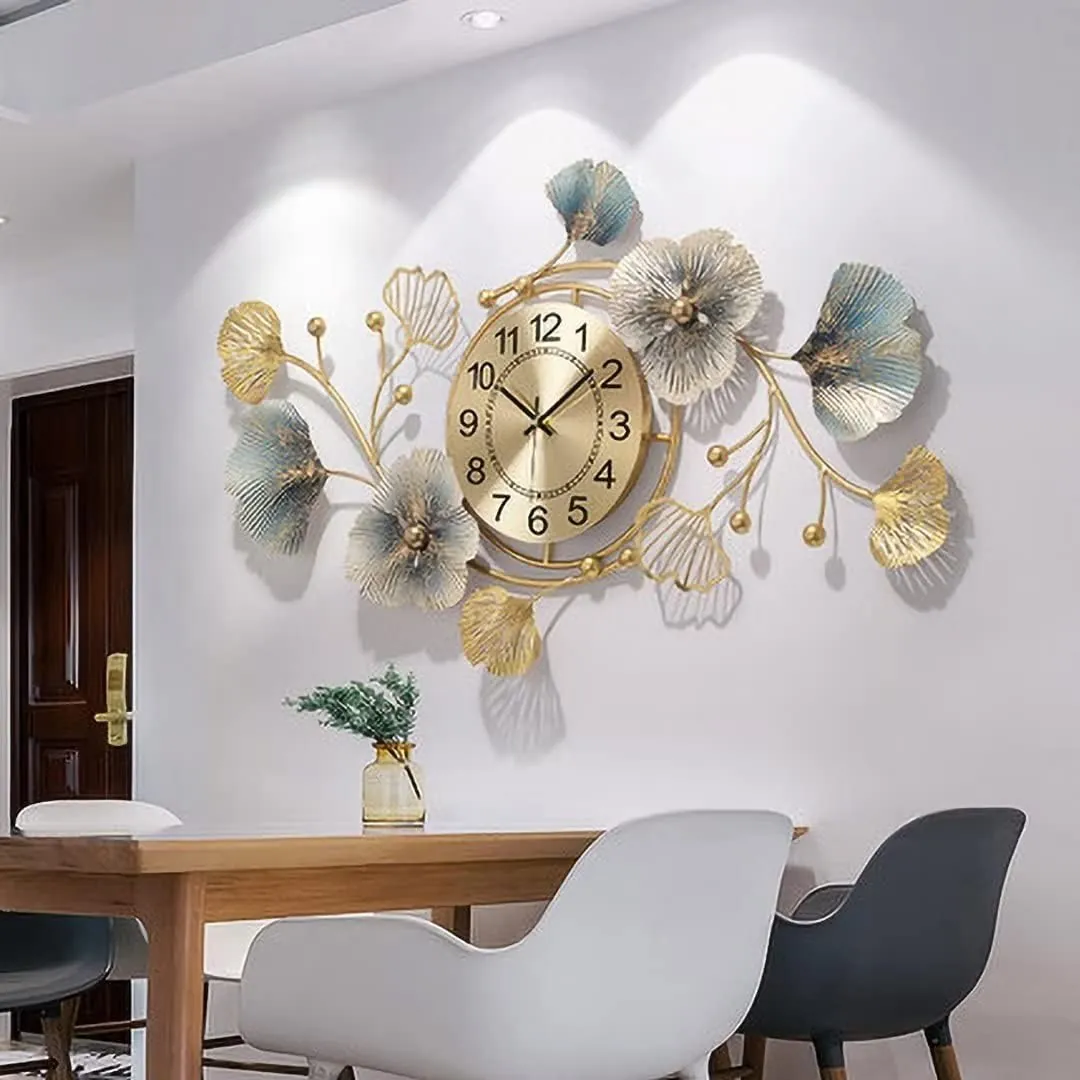 Large Wall Clock 33 Inch Creative Metal Ginkgo Leaf Design Wall Clock Silent Non Ticking Decoration Wall Clocks for Living Room Bedroom Home