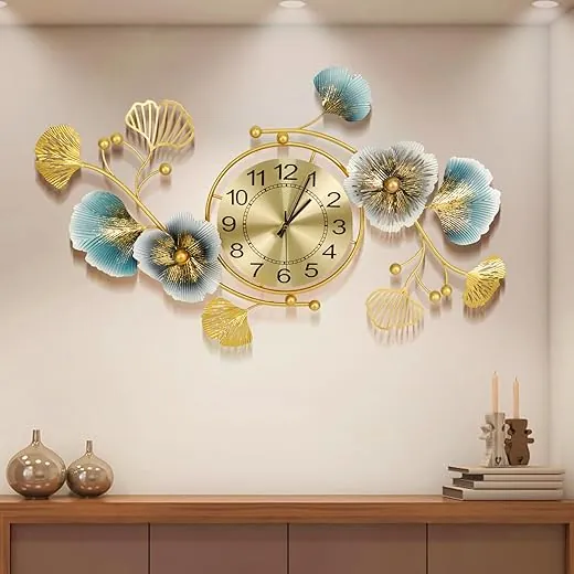 Large Wall Clock 37 Inch Creative Metal Ginkgo Leaf Design Silent Non Ticking Gold Decoration Clocks（Adjustmentable Horizontally and Vertically） for Living Room Bedroom Kitchen Home (37x20)