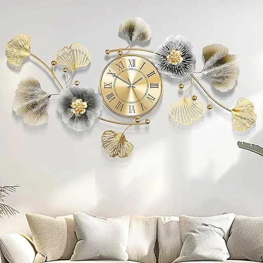 Large Wall Clock,3D Creative Metal Ginkgo Leaf Decoration Clock, with Silent Movement Decorative Wall Clock,Large Wall Decor, for Living Room Bedroom Kitchen Office（32''x18'' ）