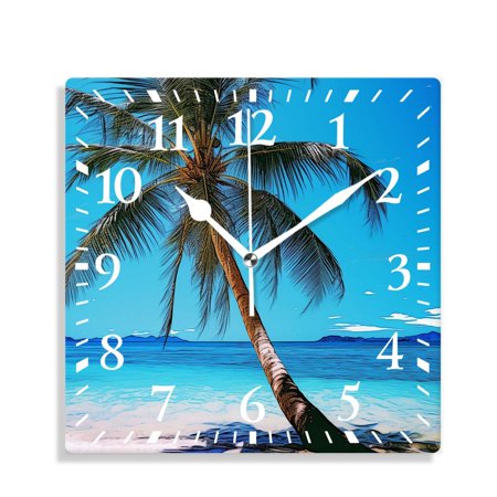 XNSJVGB 10 inch Square Wall Clock,Hawaii Beach with Palm Trees Print,Silent Non Ticking Wall Clocks for Living Room Kitchen Bedroom